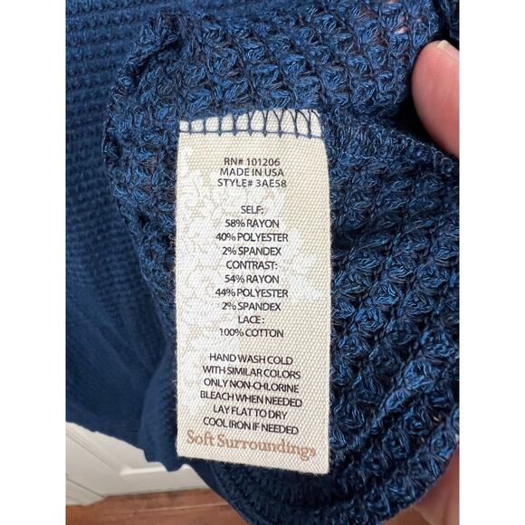 Soft Surroundings Bailey Waffle Knit Dark Blue Thermal Crochet Top Petite Large - Picture 6 of 10